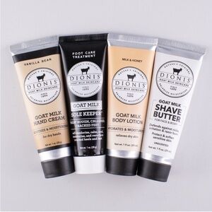 Dionis Goat Milk Starter Set Bath and Body Set of Four- 1 ounce tubes. New